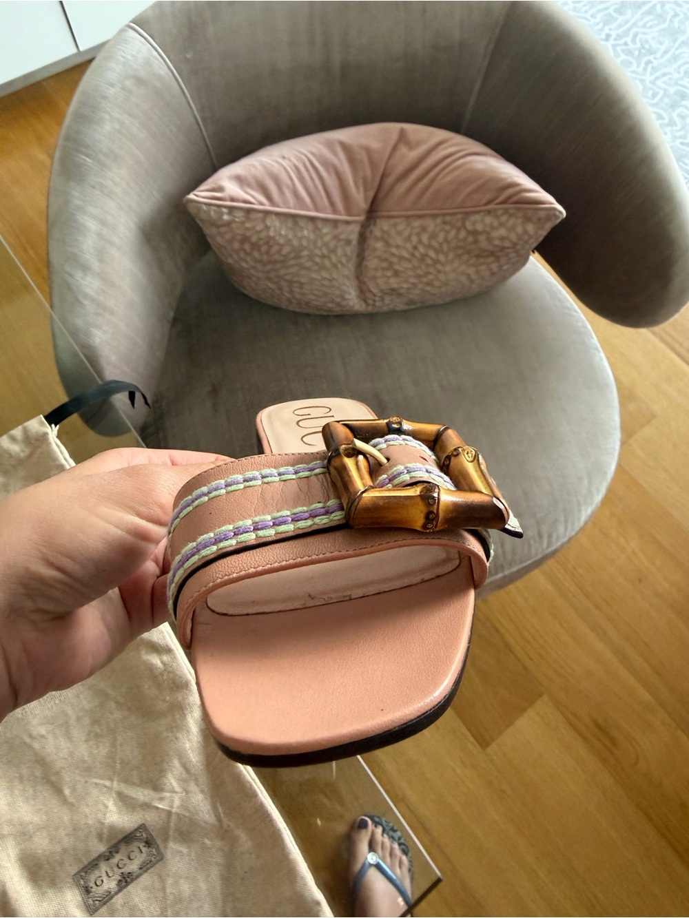 Gucci Blush Pink Bamboo Buckle Slide Sandals with Trim - Picture 6 of 9